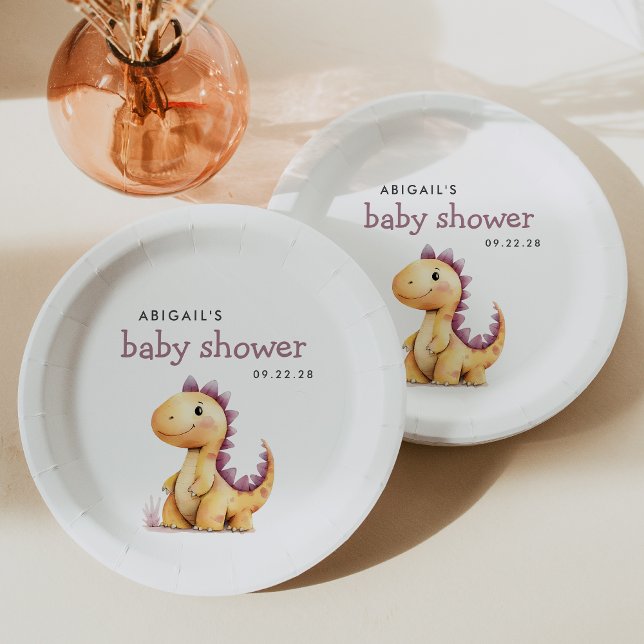Cute Orange Purple Dinosaur Baby Shower Paper Plates (Creator Uploaded)