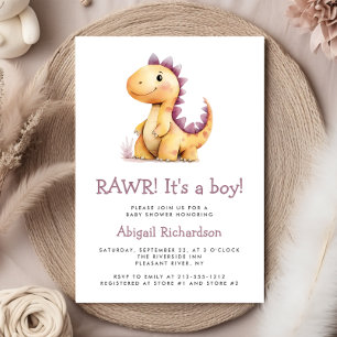 Cute Orange Purple Dinosaur Boy Baby Shower Invitation