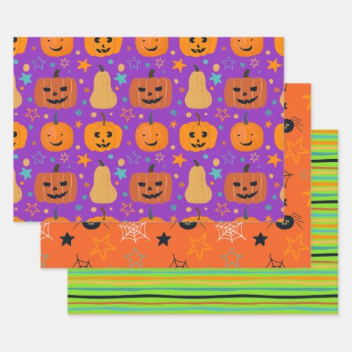 Cute Orange Purple Green Fun Halloween Pattern Wrapping Paper Sheets