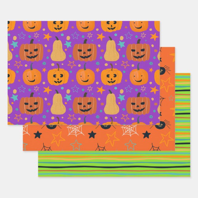 Cute Orange Purple Green Fun Halloween Pattern Wrapping Paper Sheets (Set)