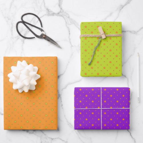 Cute Orange Purple Green Stars Custom Halloween Wrapping Paper Sheets