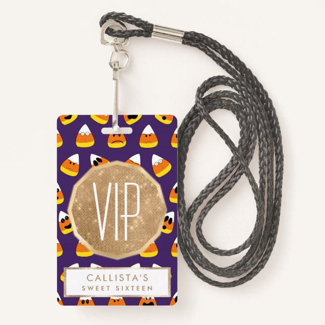 Cute Orange Purple Halloween Emoji Candy Corn Badge (Front with Lanyard)
