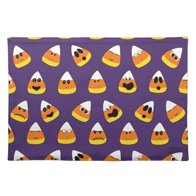 Cute Orange Purple Halloween Emoji Candy Corn Cloth Placemat (Front)