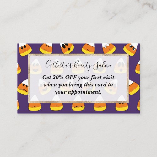 Cute Orange Purple Halloween Emoji Candy Corn Discount Card