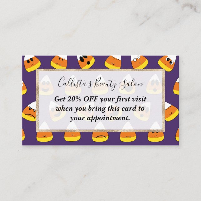 Cute Orange Purple Halloween Emoji Candy Corn Discount Card (Front)