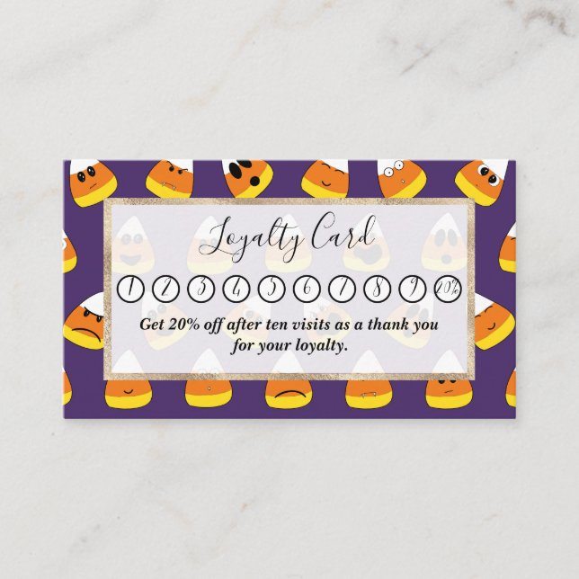 Cute Orange Purple Halloween Emoji Candy Corn Loyalty Card (Front)
