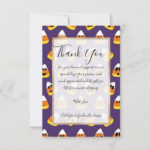 Cute Orange Purple Halloween Emoji Candy Corn Thank You Card