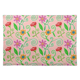 Cute Orange, Red & Purple Floral Pattern Cloth Placemat