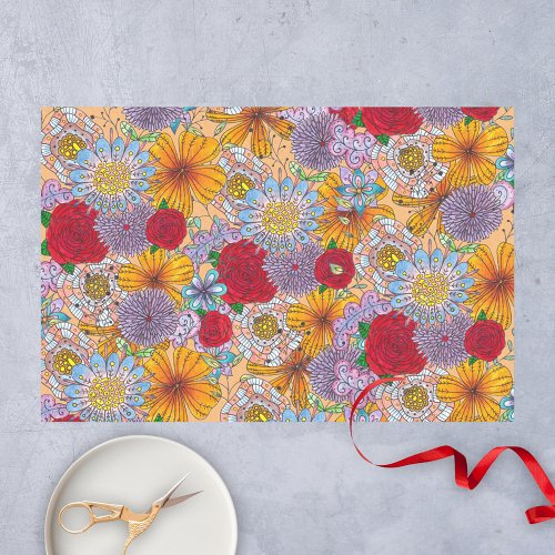 Cute Orange Red Purple Garden Doodle Flowers Tissue Paper