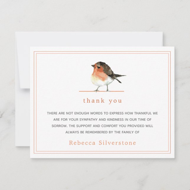 Cute Orange Robin Simple Elegant Funeral Thank You Note Card (Front)
