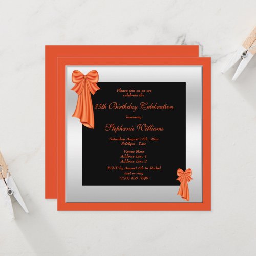 Cute Orange Sash Bows  Silver Framed Birthday  Invitation