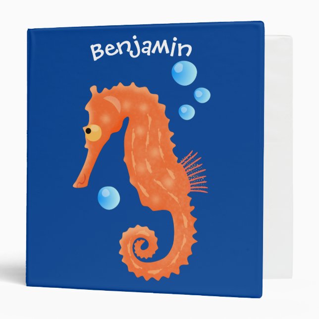 Cute orange seahorse bubbles cartoon illustration 3 ring binder (Front/Inside)