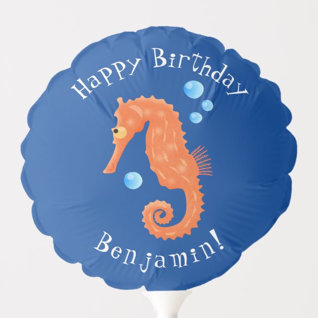 Cute orange seahorse bubbles cartoon illustration balloon (Front)
