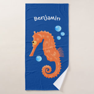 Cute orange seahorse bubbles cartoon illustration bath towel set