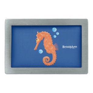 Cute orange seahorse bubbles cartoon illustration belt buckle