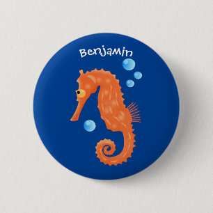 Cute orange seahorse bubbles cartoon illustration button