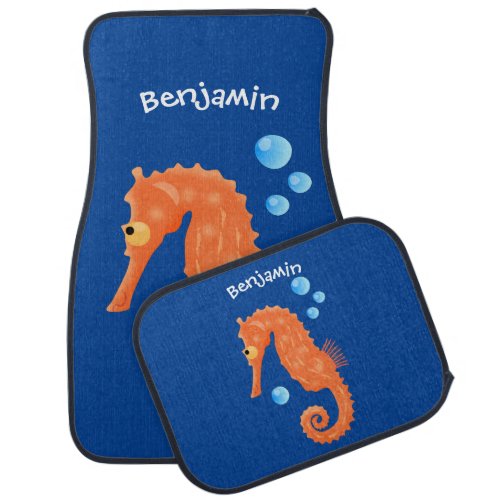 Cute orange seahorse bubbles cartoon illustration car floor mat