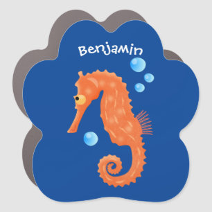 Cute orange seahorse bubbles cartoon illustration car magnet