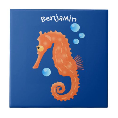 Cute orange seahorse bubbles cartoon illustration ceramic tile