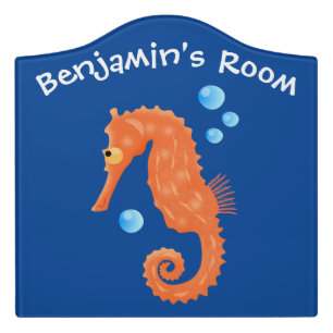 Cute orange seahorse bubbles cartoon illustration door sign