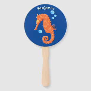 Cute orange seahorse bubbles cartoon illustration hand fan