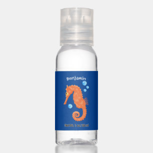 Cute orange seahorse bubbles cartoon illustration hand sanitizer