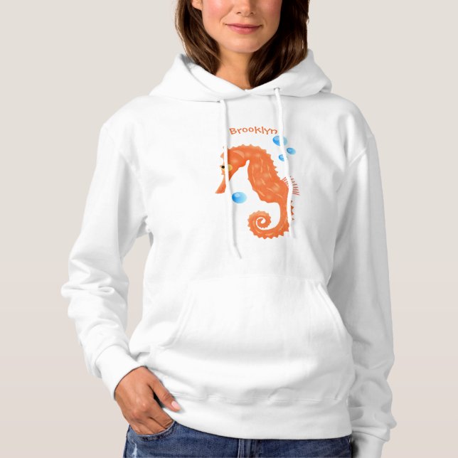 Cute orange seahorse bubbles cartoon illustration hoodie (Front)