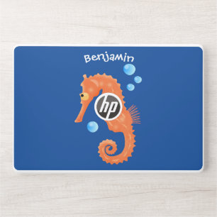 Cute orange seahorse bubbles cartoon illustration HP laptop skin
