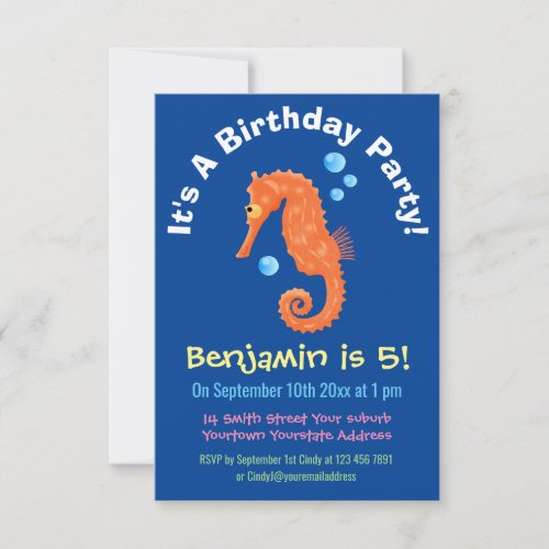 Cute orange seahorse bubbles cartoon illustration invitation