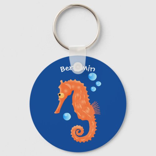 Cute orange seahorse bubbles cartoon illustration keychain