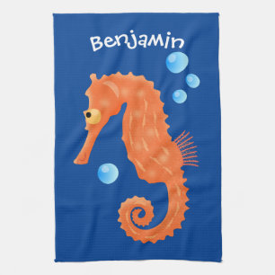 Cute orange seahorse bubbles cartoon illustration kitchen towel
