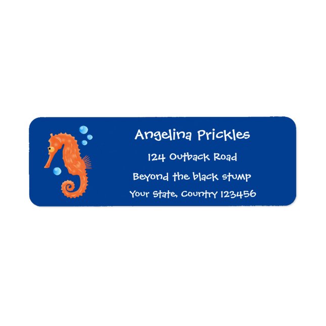 Cute orange seahorse bubbles cartoon illustration label (Front)