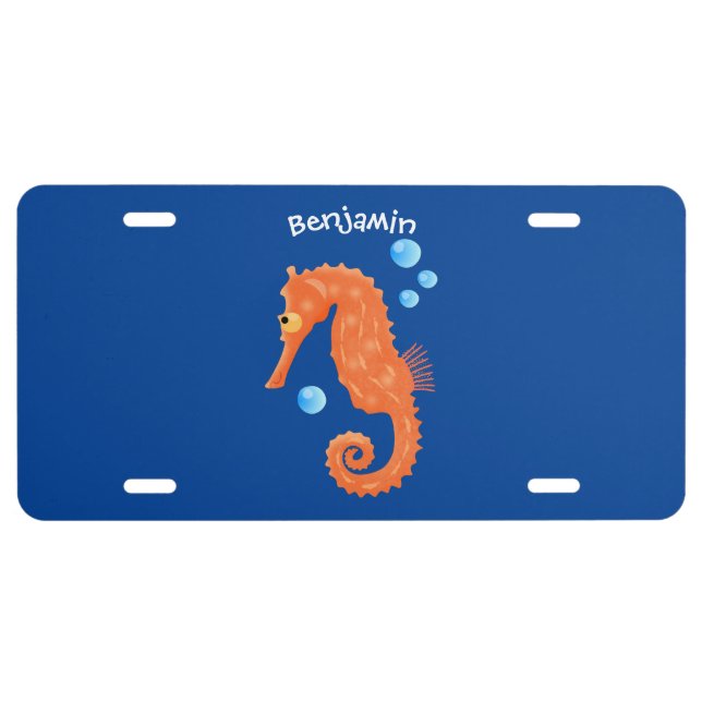 Cute orange seahorse bubbles cartoon illustration  license plate (Front)