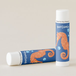 Cute orange seahorse bubbles cartoon illustration lip balm
