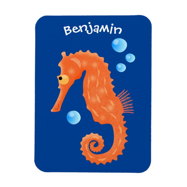 Cute orange seahorse bubbles cartoon illustration magnet (Vertical)