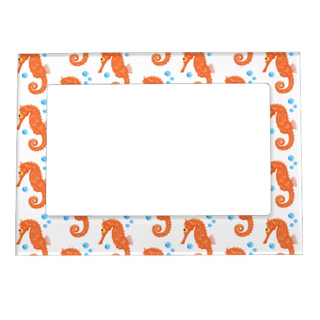 Cute orange seahorse bubbles cartoon illustration magnetic frame (Front)