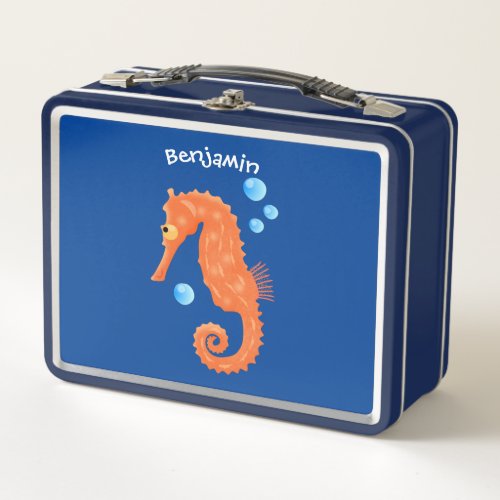 Cute orange seahorse bubbles cartoon illustration metal lunch box