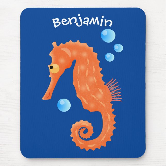 Cute orange seahorse bubbles cartoon illustration mouse pad (Front)