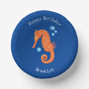 Cute orange seahorse bubbles cartoon illustration paper bowls