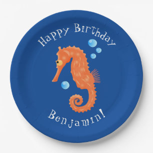 Cute orange seahorse bubbles cartoon illustration paper plates