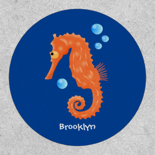 Cute orange seahorse bubbles cartoon illustration patch