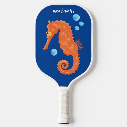 Cute orange seahorse bubbles cartoon illustration  pickleball paddle