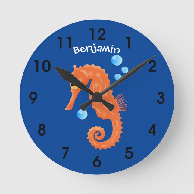 Cute orange seahorse bubbles cartoon illustration round clock (Front)