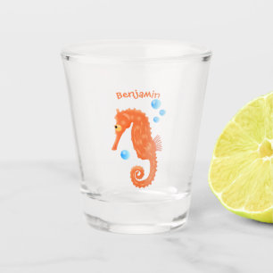 Cute orange seahorse bubbles cartoon illustration shot glass