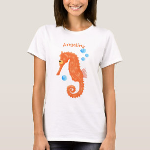 Cute orange seahorse bubbles cartoon illustration T-Shirt