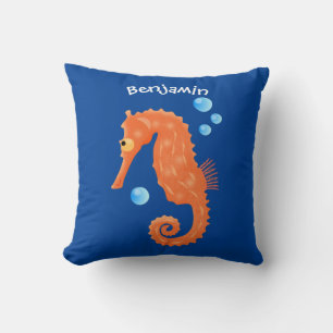 Cute orange seahorse bubbles cartoon illustration throw pillow