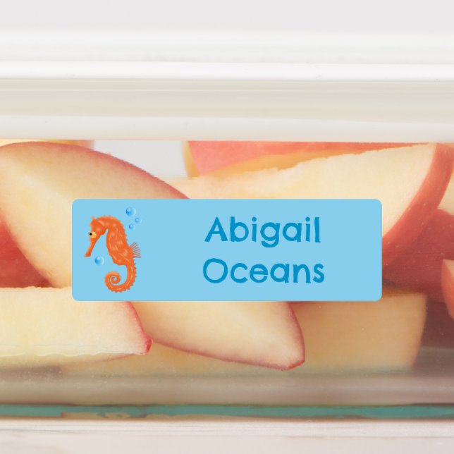 Cute orange seahorse bubbles cartoon personalized  labels (Affixed)
