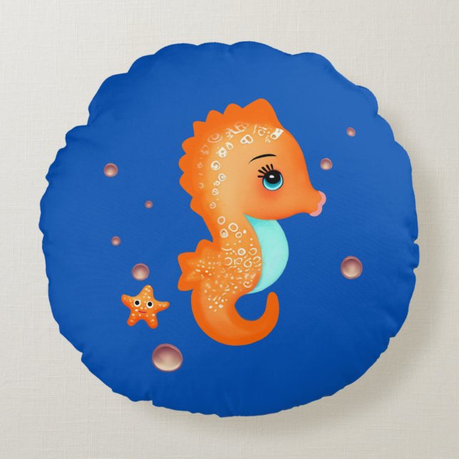 Cute orange seahorse round pillow (Front)