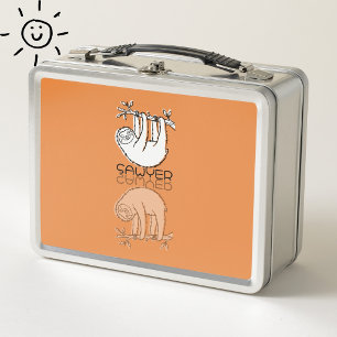 Cute Orange Sloth Reflection Doodle Custom Name Metal Lunch Box
