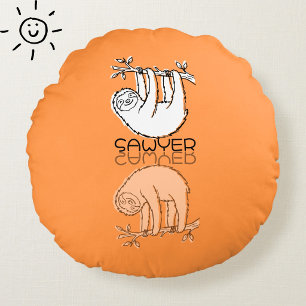 Cute Orange Sloth Reflection Doodle Custom Name Round Pillow